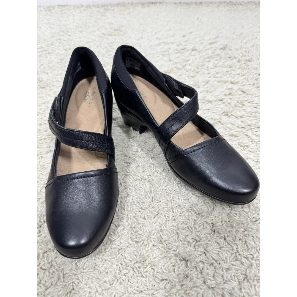Clark's Black Leather Emily Pearl Mary Jane Block Heel Comfort Shoes Women's 7M - Picture 1 of 9